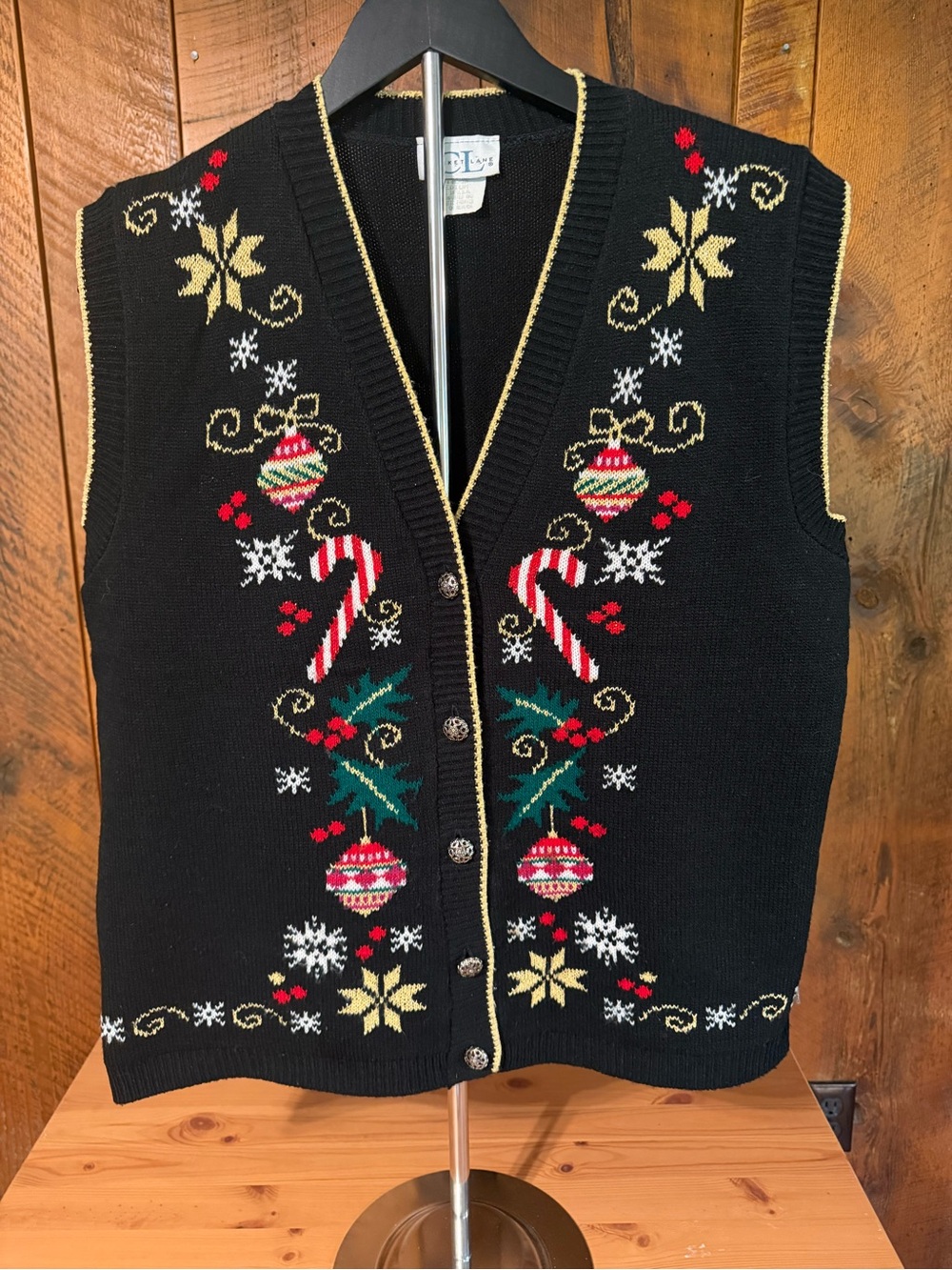 Vintage Cricket Lane Christmas Sweater Vest M Black Candy Cane Made in USA Knit